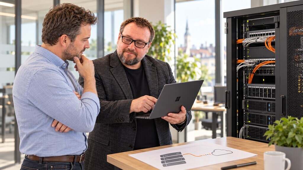 Cloud of on-premises? Waarom hybride vaak past 5 Herbert Röblreiter legt een klant uit hoe lokale infrastructuur en externe diensten samenwerken.