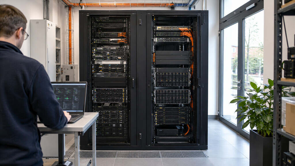 Proxmox in bedrijven: virtualisatie met keuzevrijheid 4 Een technicus beheert een compact virtualisatiecluster in een lichte serverruimte.